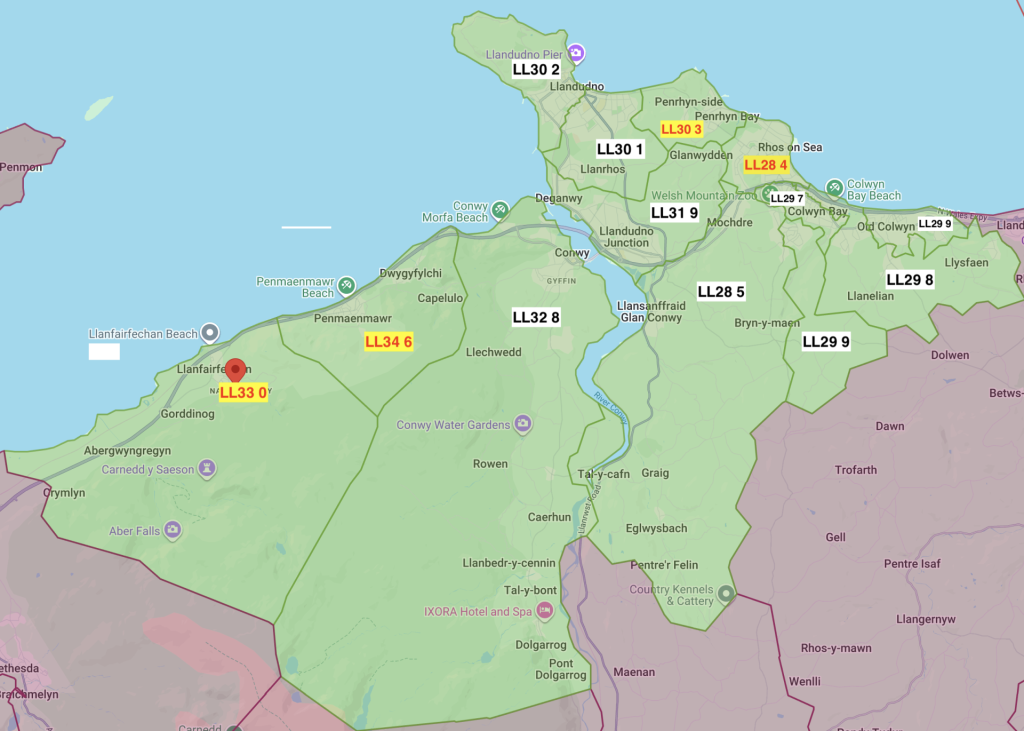 Map showing towns in Conwy County