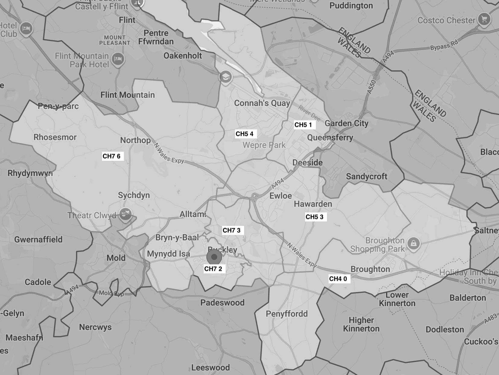 Map showing where the Local Dragons are delivered near Ewloe