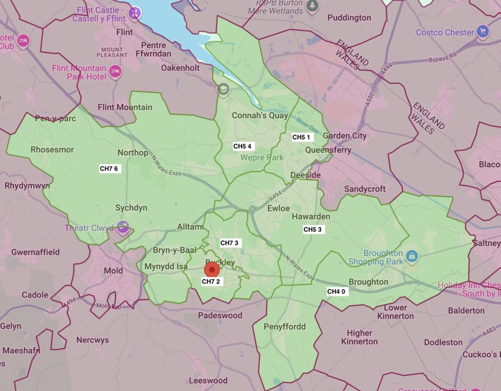 Map of Ewloe area showing total reach of Local Dragon distributions